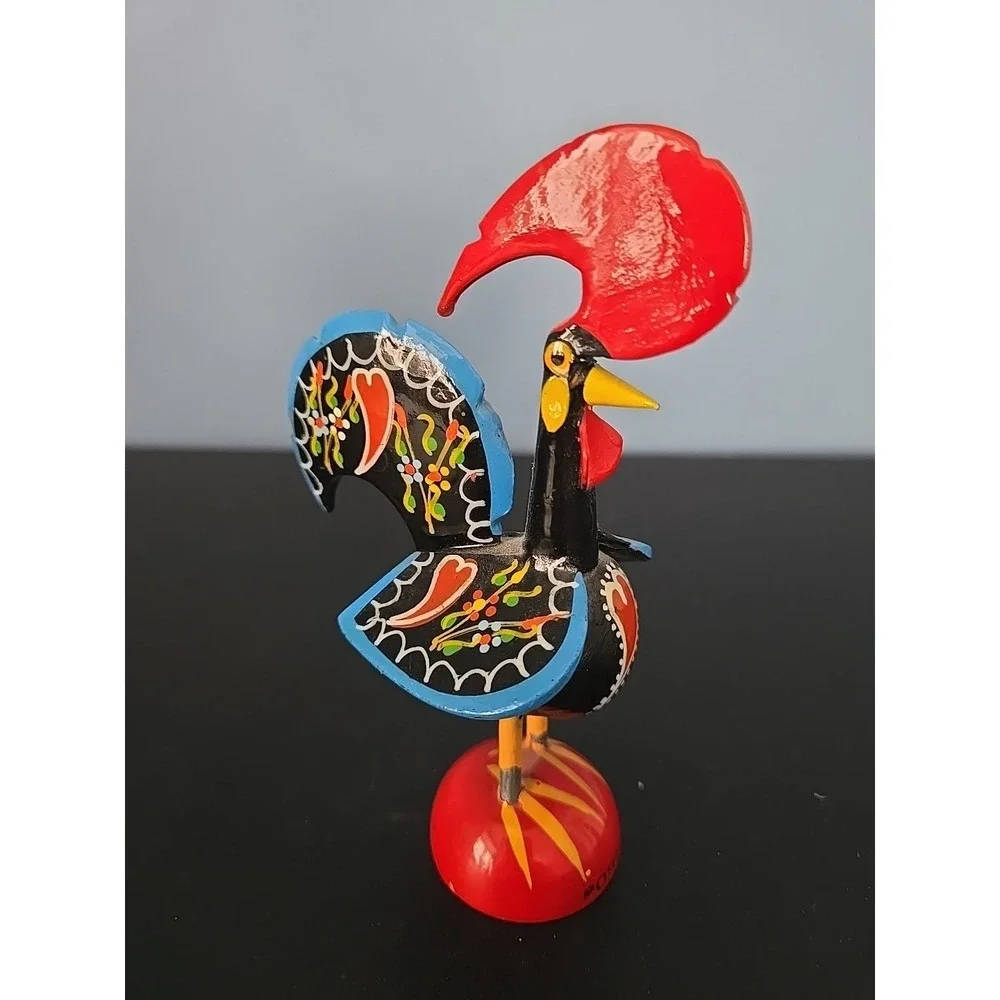 Vintage‎ Hand painted Wood Colorful Rooster Figurine Portugal Miniature
